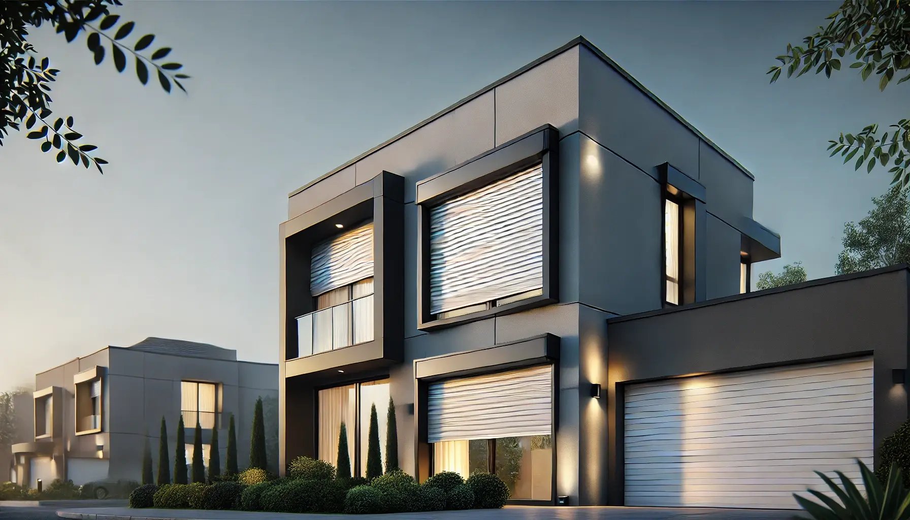 DALL·E 2024-08-13 13.47.05 - A modern home facade with sleek, durable roller shutters partially lowered over the windows. The scene is set in soft evening light, casting gentle sh