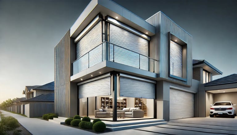 DALL·E 2024-08-14 10.20.57 - A modern suburban home with sleek roller shutters fully closed over large windows, showcasing their role as a strong barrier against intrusions. The s