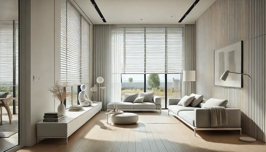 DALL·E 2025-03-10 10.22.31 - A modern minimalist home interior featuring low-maintenance window furnishings in a wide rectangular format. The bright and airy space showcases sleek